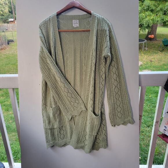 Hippie Rose Lacey Green Open Front SZ Med Sweater Cardigan - Picture 1 of 8